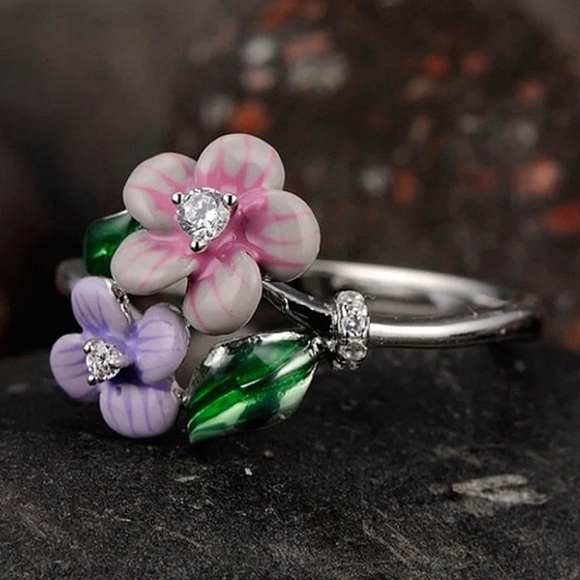 Sterling silver 925 stamped enamel pink & lavender flower ring size 6. - Picture 2 of 5